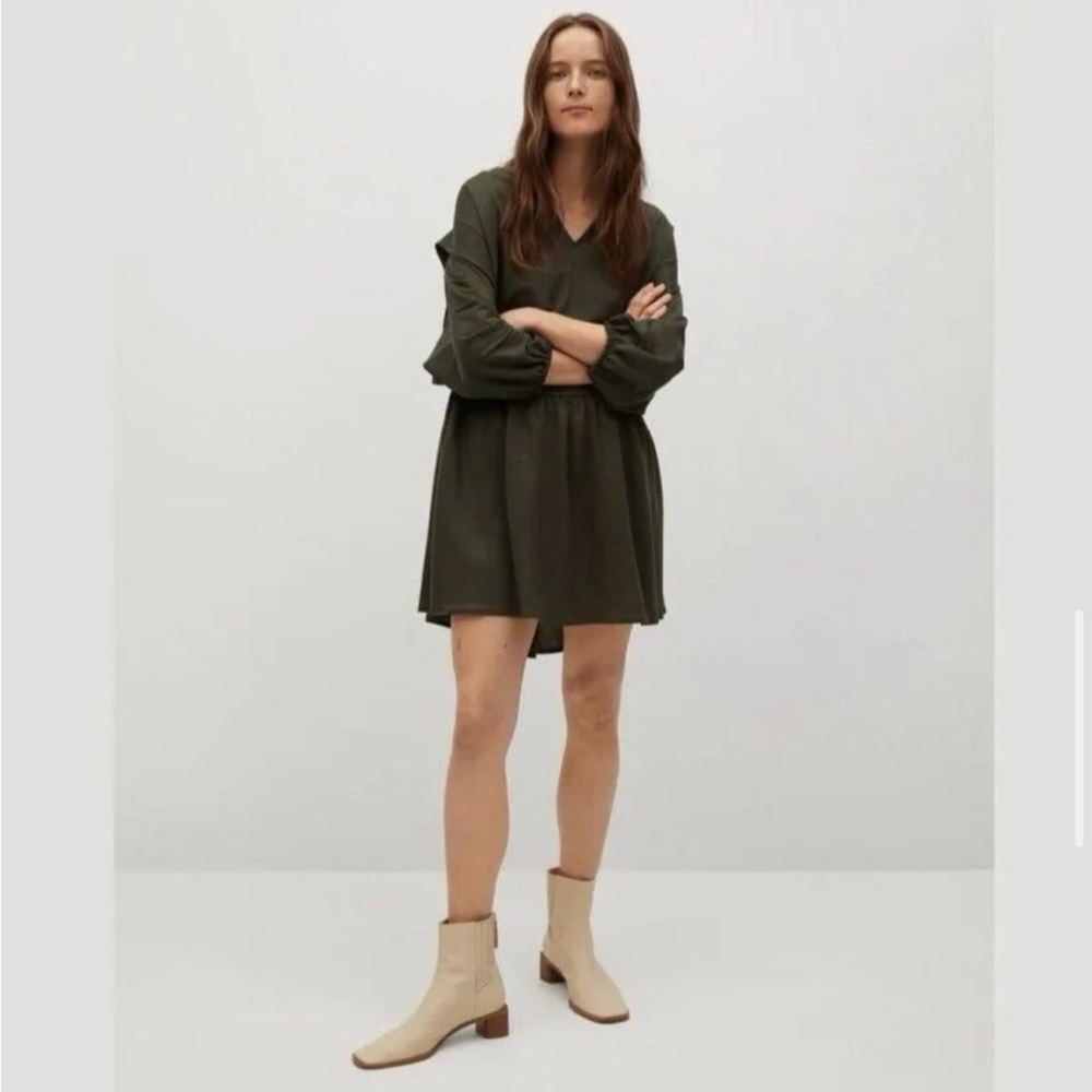Mango V-neck Mini Smock Dress Forest Green